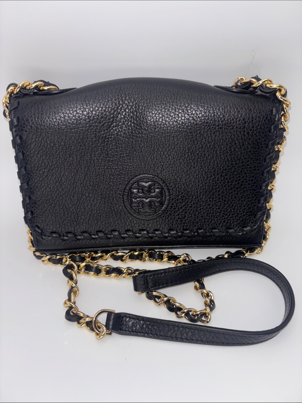 Tory Burch Black Pebbled Leather Whipstitch Chain Crossbody with Gold Hardware - Picture 4 of 14